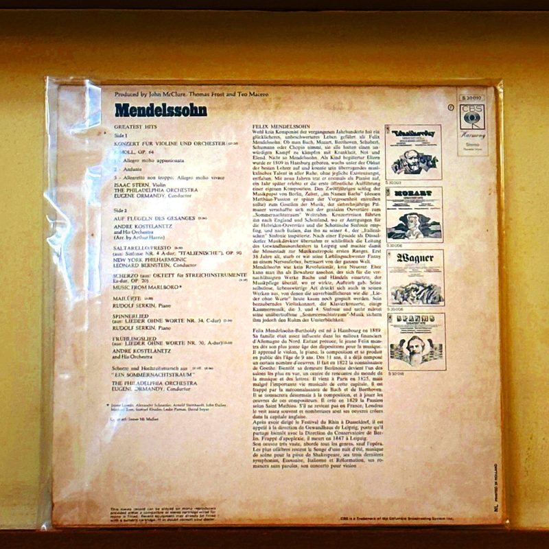 Leonard Bernstein/New York Philharmonic, Andre Kostelanetz/Columbia Symphony, Eugene Ormandy/Philadelphia Orchestra, Rudolf Serkin, Isaac Stern — Mendelssohn Greatest Hits (Back)